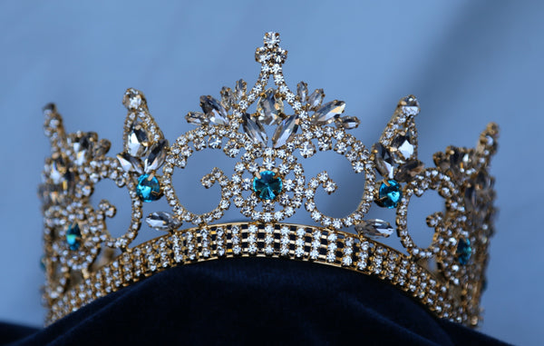 Gold Rhinestone adjustable contoured acquamarine crown tiara
