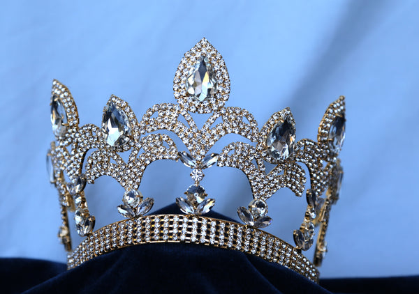 Gold Adjustable Rhinestone Contoured Crown Tiara