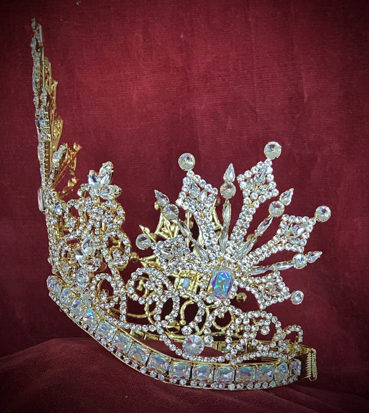 Beauty Pageant Rhinestone Crown Tsarina Alexandra Fedorovna Gold Romanov Contoured AB LARGE Queen