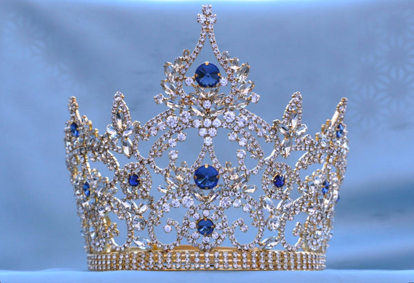 Continental Adjustable Gold Blue Sapphire Crown Tiara LARGE Queen,OVERSTOCK CLEARANCE