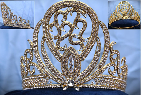 Miss Beauty Pageant Adjustable Rhinestone Gold Crown Tiara LARGE Queen