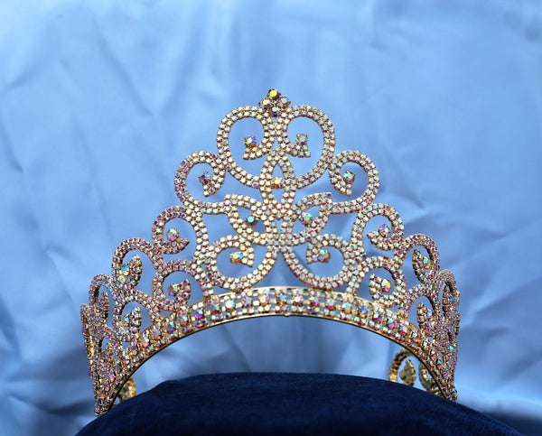 Adjustable Rhinestone Gold Aurora Borealis Crown Tiara