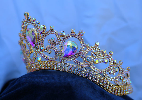 Aurora Borealis Gold Contoured Rhinestone Crown Tiara