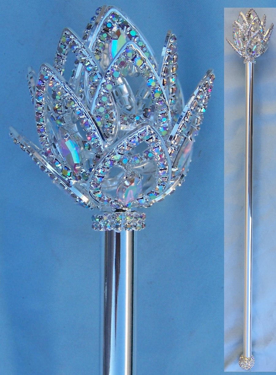 Aurora Borealis Imperial Royal Fleur Rhinestone Silver Scepter - CrownDesigners