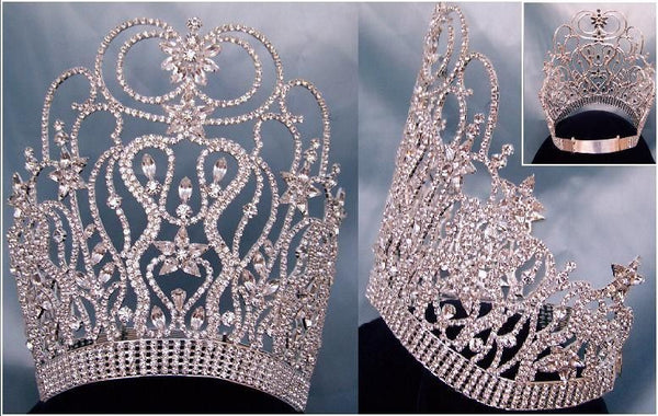 Round the World Adjustable Contoured Silver Rhinestone Crown Tiara LARGE Queen
