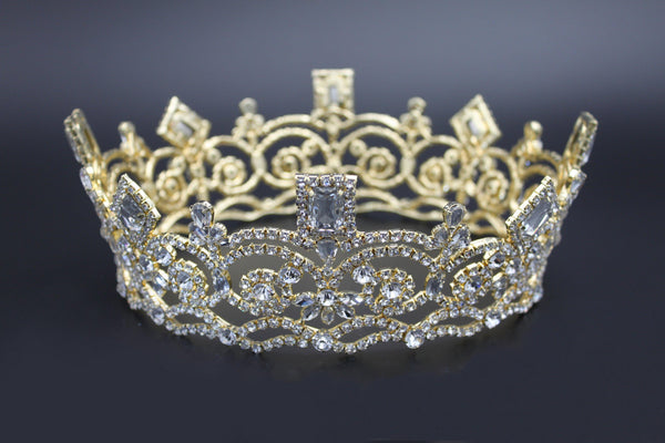 Georgina Regal Gold Rhinestone Pageant Full Crown LARGE Queen