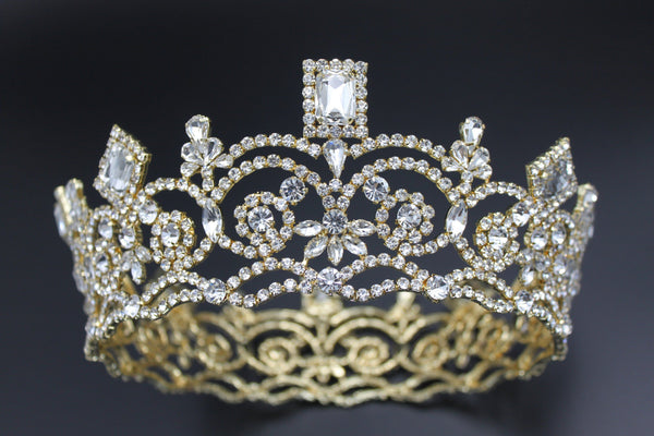 Georgina Regal Gold Rhinestone Pageant Full Crown LARGE Queen