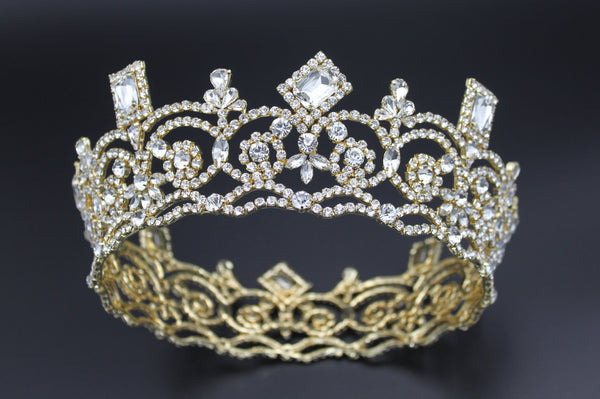 Georgina Regal Gold Rhinestone Pageant Full Crown LARGE Queen