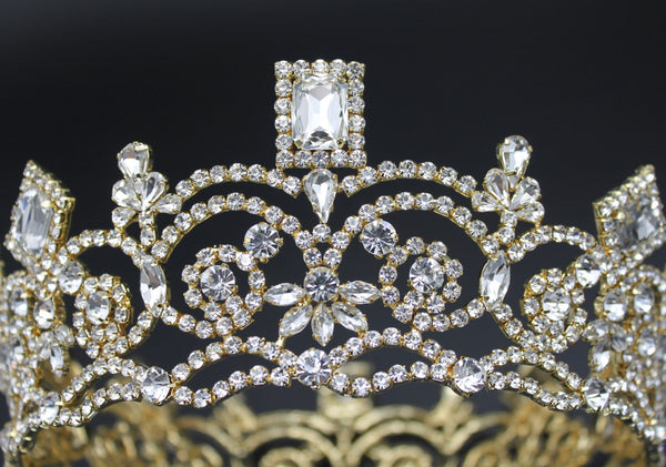 Georgina Regal Gold Rhinestone Pageant Full Crown LARGE Queen