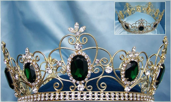Rhinestone Full Gold Green Emerald Crown MASCULINE/King/Crown,MEDIUM Queen/Princess
