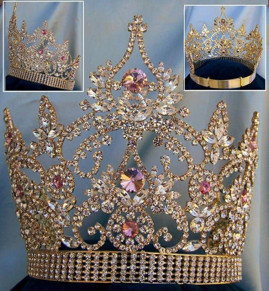 Continental Rhinestone Gold Pink Crown tiara LARGE Queen,OVERSTOCK CLEARANCE