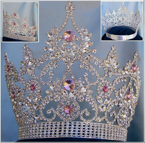 Continental Adjustable Silver Pink Rhinestone Crown Tiara - CrownDesigners