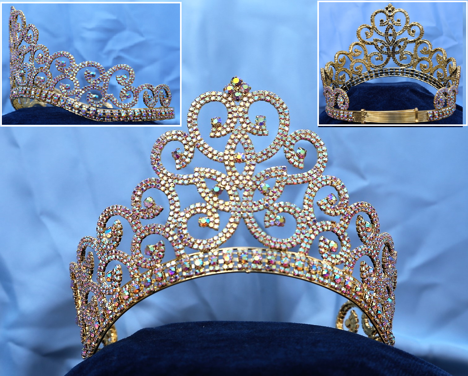 Adjustable Rhinestone Gold Aurora Borealis Crown Tiara