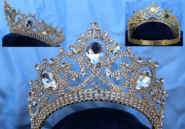 Gold Contoured Rhinestone Crown Tiara