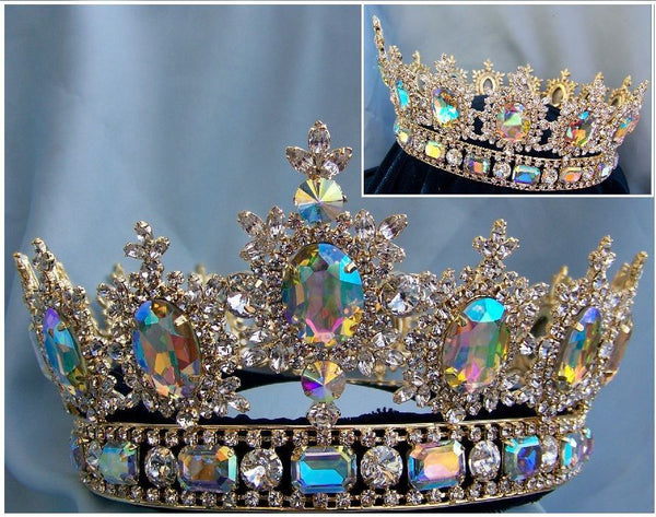Men's Unisex Rhinestone Gold Full Clear Aurora Borealis Royal Premium Crown MASCULINE/King/Crown,LARGE Queen