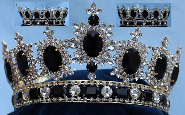 Men's Unisex Rhinestone Gold Full Black Royal Premium Crown MASCULINE/King/Crown,LARGE Queen