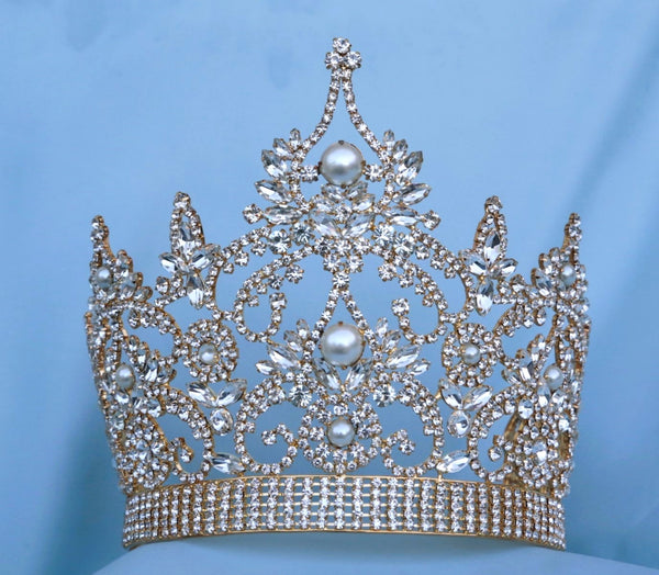 CONTINENTAL RHINESTONE GOLD PEARL CROWN TIARA