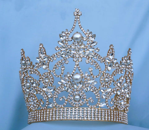 CONTINENTAL RHINESTONE GOLD PEARL CROWN TIARA