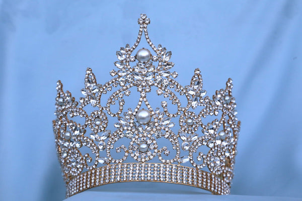CONTINENTAL RHINESTONE GOLD PEARL CROWN TIARA