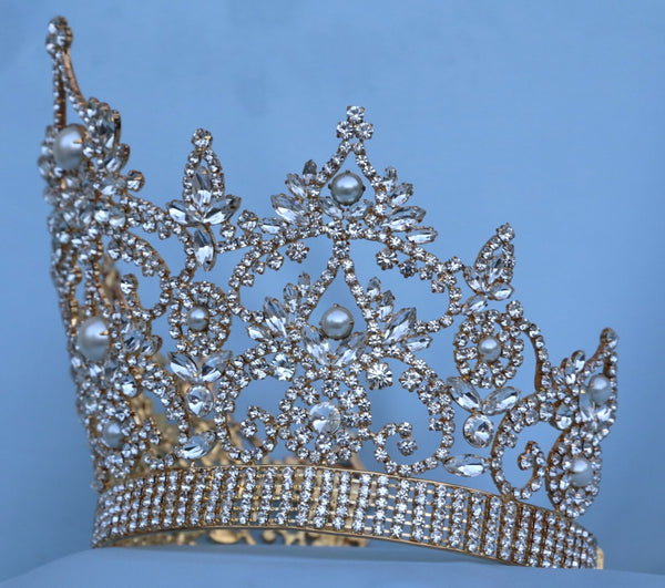 CONTINENTAL RHINESTONE GOLD PEARL CROWN TIARA