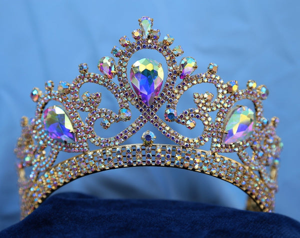 Aurora Borealis Gold Contoured Rhinestone Crown Tiara Apparel & Accessories