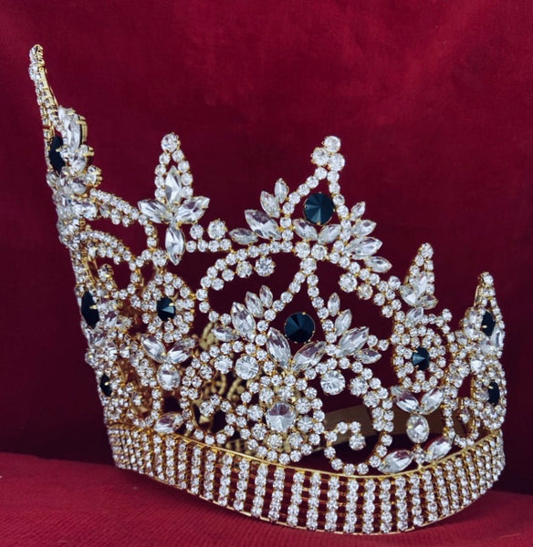 Continental Adjustable Contoured Gold Clear with Black Rhinestone Crown LARGE Queen