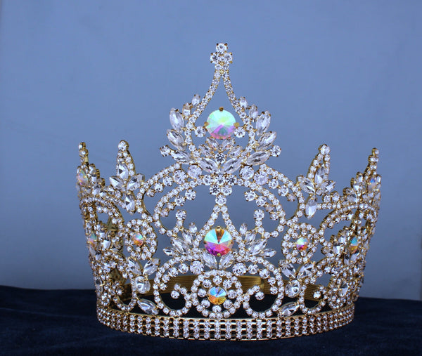 Continental Adjustable Gold Aurora Borealis Crown Tiara LARGE Queen,OVERSTOCK CLEARANCE