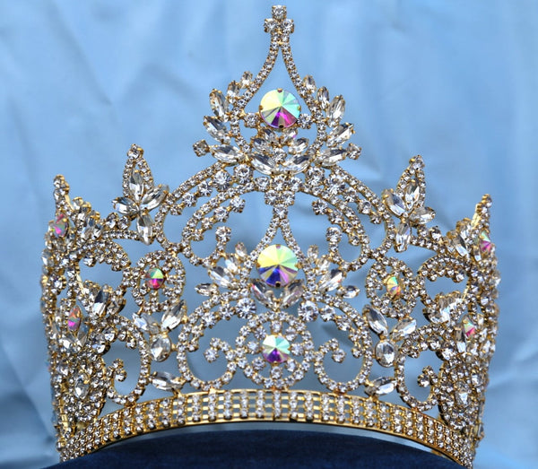 Continental Adjustable Gold Aurora Borealis Crown Tiara LARGE Queen,OVERSTOCK CLEARANCE