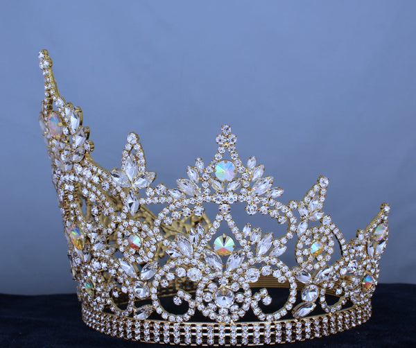 Continental Adjustable Gold Aurora Borealis Crown Tiara LARGE Queen,OVERSTOCK CLEARANCE