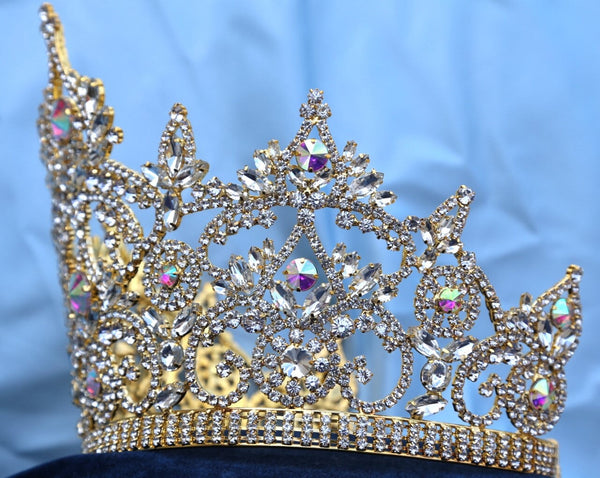 Continental Adjustable Gold Aurora Borealis Crown Tiara LARGE Queen,OVERSTOCK CLEARANCE
