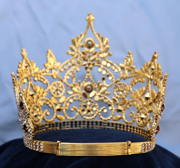 Continental Adjustable Gold Dark Amber Rhinestone Crown Tiara LARGE Queen,OVERSTOCK CLEARANCE