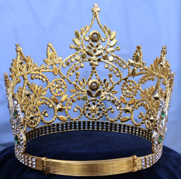 Continental Adjustable Gold Emerald Crown Tiara LARGE Queen,OVERSTOCK CLEARANCE