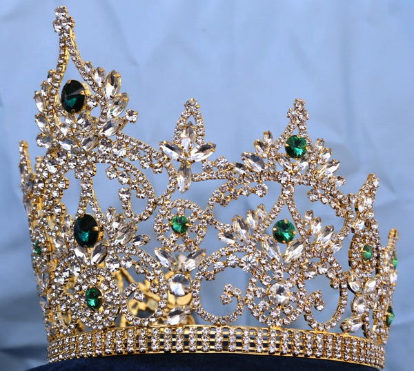 Continental Adjustable Gold Emerald Crown Tiara LARGE Queen,OVERSTOCK CLEARANCE