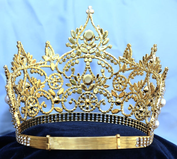 Continental Adjustable Gold Pearls Crown Tiara LARGE Queen,OVERSTOCK CLEARANCE