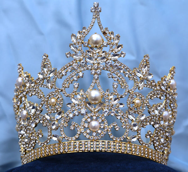 Continental Adjustable Gold Pearls Crown Tiara LARGE Queen,OVERSTOCK CLEARANCE