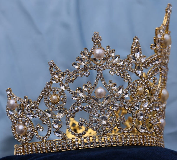 Continental Adjustable Gold Pearls Crown Tiara LARGE Queen,OVERSTOCK CLEARANCE