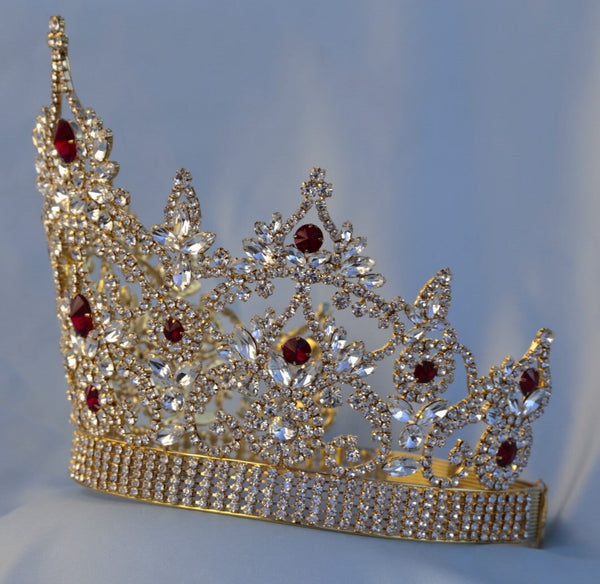 Continental Adjustable Gold Ruby Rhinestone Crown Tiara OVERSTOCK CLEARANCE,LARGE Queen