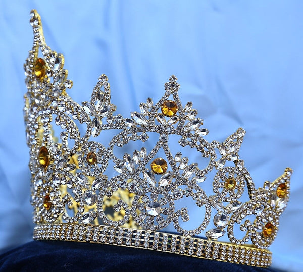 Continental Adjustable Gold Yellow Amber Crown Tiara LARGE Queen,OVERSTOCK CLEARANCE