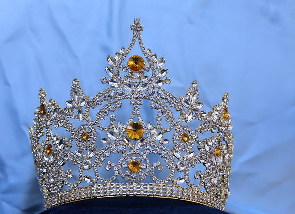 Continental Adjustable Gold Yellow Amber Crown Tiara LARGE Queen,OVERSTOCK CLEARANCE