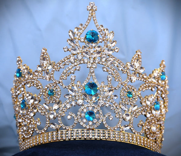 Continental Blue Aquamarine Rhinestone Crown Tiara LARGE Queen,OVERSTOCK CLEARANCE