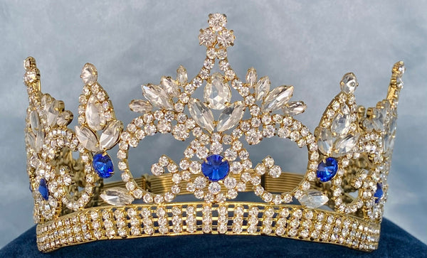 Continental Premium Gold Blue Sapphire Contoured Crown Tiara MEDIUM Queen/Princess,OVERSTOCK CLEARANCE
