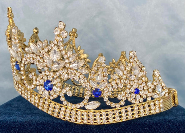 Continental Premium Gold Blue Sapphire Contoured Crown Tiara MEDIUM Queen/Princess,OVERSTOCK CLEARANCE