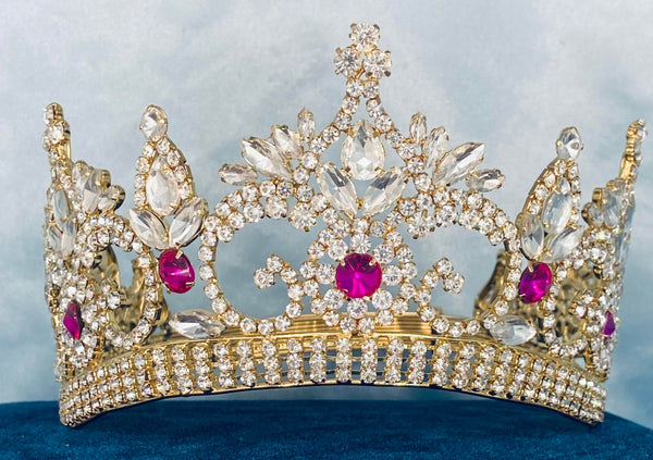 Continental Premium Gold Dark Pink Contoured Crown Tiara MEDIUM Queen/Princess,OVERSTOCK CLEARANCE