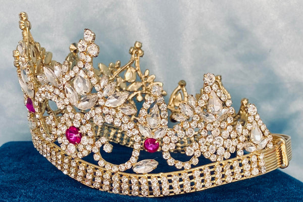 Continental Premium Gold Dark Pink Contoured Crown Tiara MEDIUM Queen/Princess,OVERSTOCK CLEARANCE