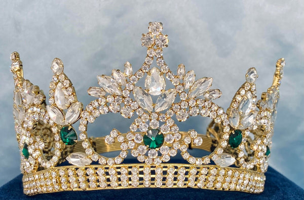 Continental Premium Gold Emerald Green Contoured Crown Tiara MEDIUM Queen/Princess,OVERSTOCK CLEARANCE