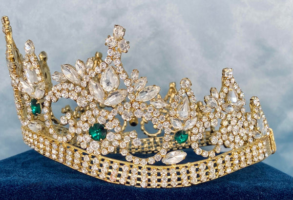 Continental Premium Gold Emerald Green Contoured Crown Tiara MEDIUM Queen/Princess,OVERSTOCK CLEARANCE