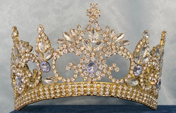 Continental Premium Gold Light Blue Contoured Crown Tiara MEDIUM Queen/Princess,OVERSTOCK CLEARANCE
