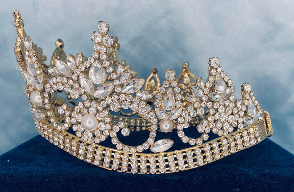 Continental Premium Gold Pearls Contoured Crown Tiara MEDIUM Queen/Princess,OVERSTOCK CLEARANCE