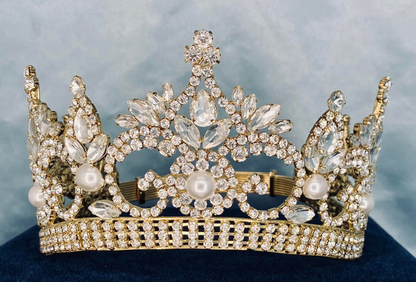 Continental Premium Gold Pearls Contoured Crown Tiara MEDIUM Queen/Princess,OVERSTOCK CLEARANCE