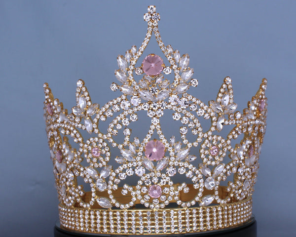Continental Rhinestone Gold Pink Crown tiara LARGE Queen,OVERSTOCK CLEARANCE
